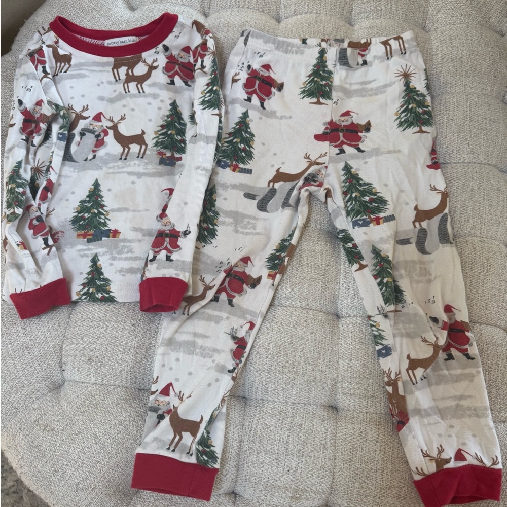 Pottery Barn Kids Red and White Pajama Set with Festive Winter Print